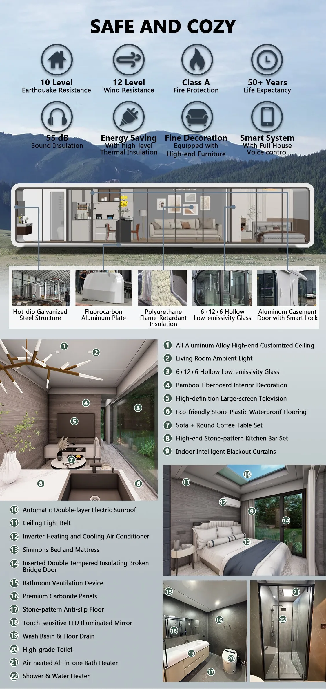 Luxury Style Large Size Prefab Apple Pod Maison Space Capsule House 2 Bedroom with Kitchen Toilet a Etage details