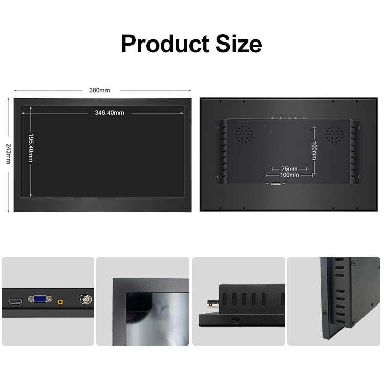 15.6 Inch Metal Casing Industrial Screen IPS1366*768/ IPS1920*1080 Wall Mounted Industrial Monitor VGA,HD*MI Display