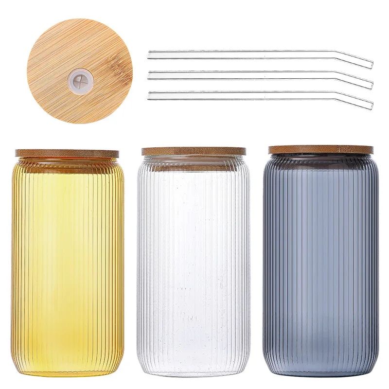 Vertical Stripes Clear Drinking Glasses Mug Tumbler Borosilicate Transparent Colored Glass Mason Jar Cups