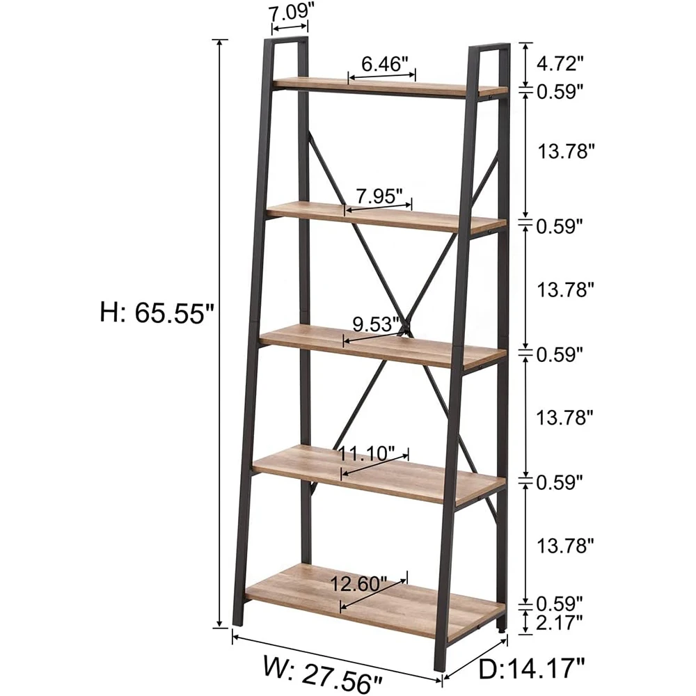 Modern 5-Tier Wooden and Metal Ladder Bookshelf Living Room & Home Office Storage Furniture supplier