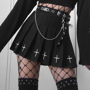 Fashion Streetweear Harajuku gothic Cross Embroidery Black Skirts Casual High Waist Mini Pleated Skirts Women Girls Skirt