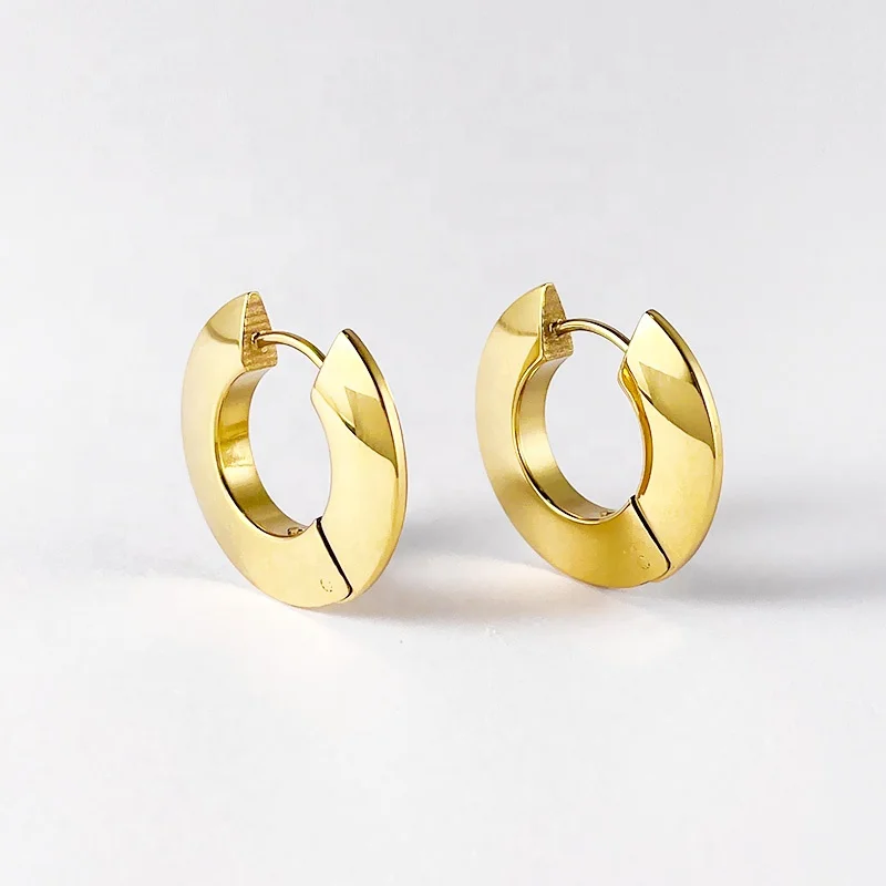 18K Gold Plated Stainless Steel Jewelry Flat Round Circle Huggie Hoop INS Accessories Earrings E211334