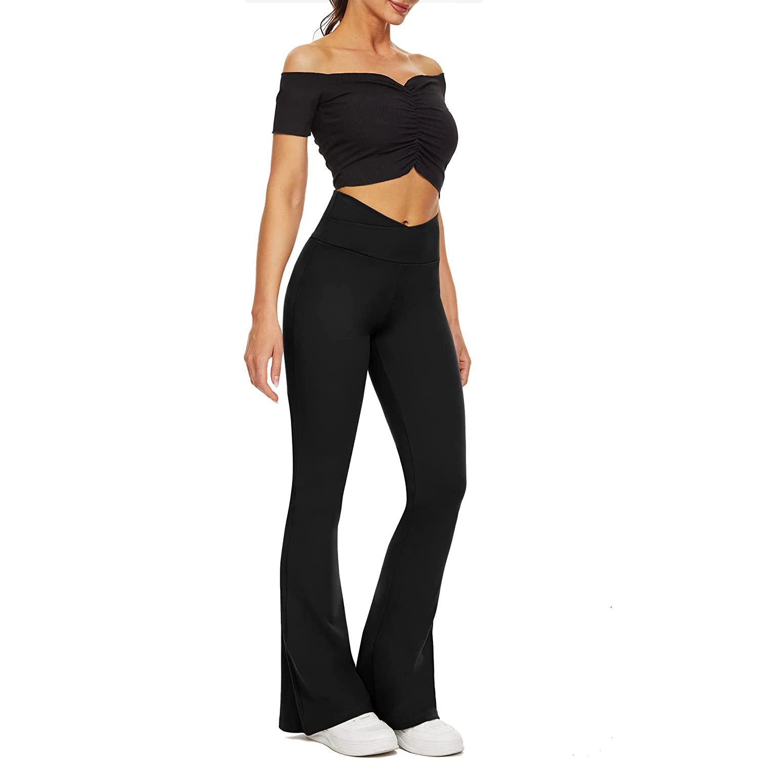 Fashion Style Super Soft Cross Waist Womens Black Flare Yoga Pants Leggings For Women