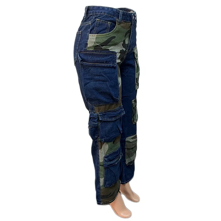 Women Pocket Front Camouflage Patchwork Safari Style Straight Denim Pants 2023 Autumn Winter Street Jeans Cargo Trousers