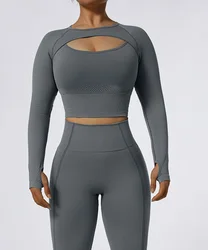 Custom Logo Activewear Gym Fitness Sets 2 Piece Seamless Short Sleeve Top Gym Sports Bra Gray Workout Set for Women