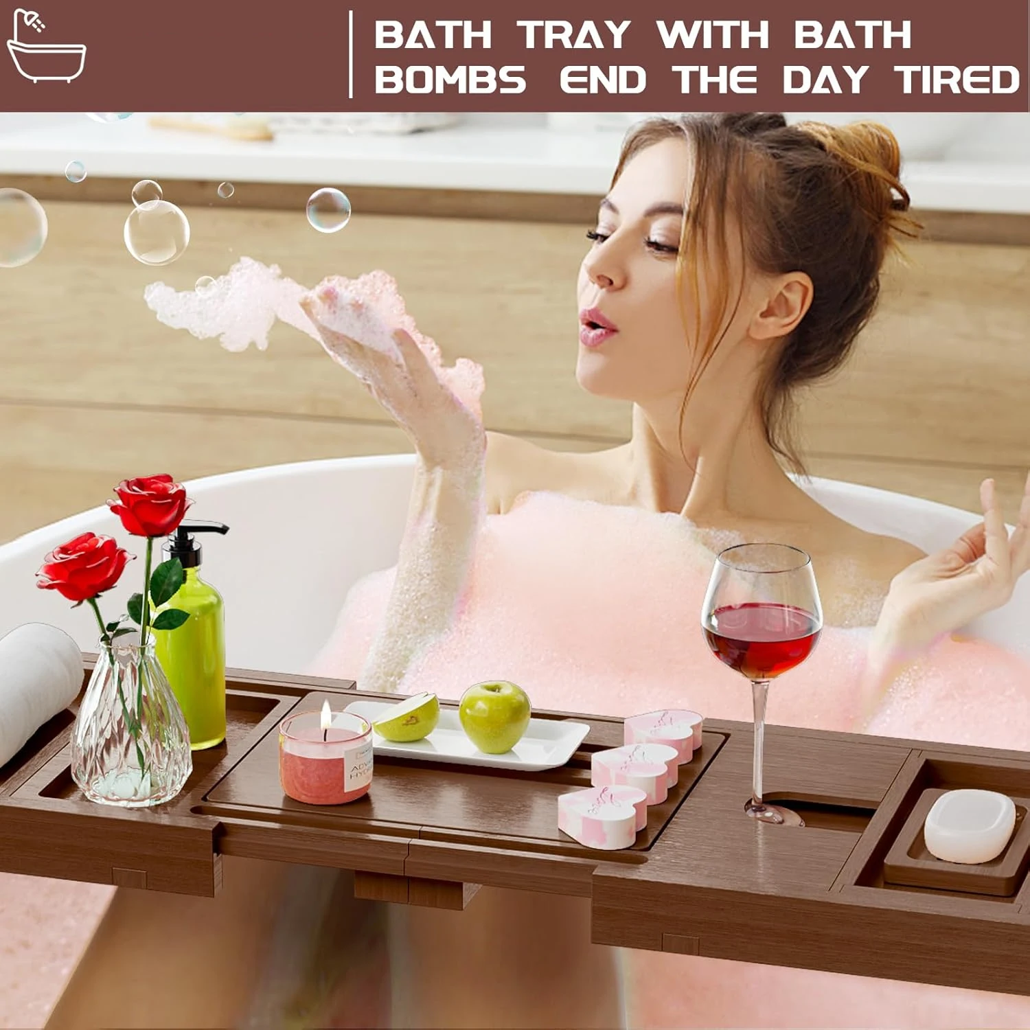 product luxury eco friendly adjustable wood expandable three piece bath tray with wine book holder new design bathroom sets for bath tub-4
