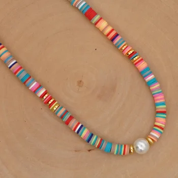 Colorful Rainbow Summer Beach Heishi Women Jewelry Stainless Steel Freshwater Pearl Beaded Polymer Clay Slices Beads Necklace