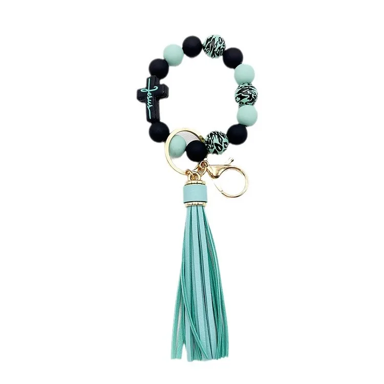 Fashion Silicone Wristlet Keychain Silicone Bead Tassel Bracelet Key chain keyring Jewelry Gift Silicone Cross Keychain Bangle