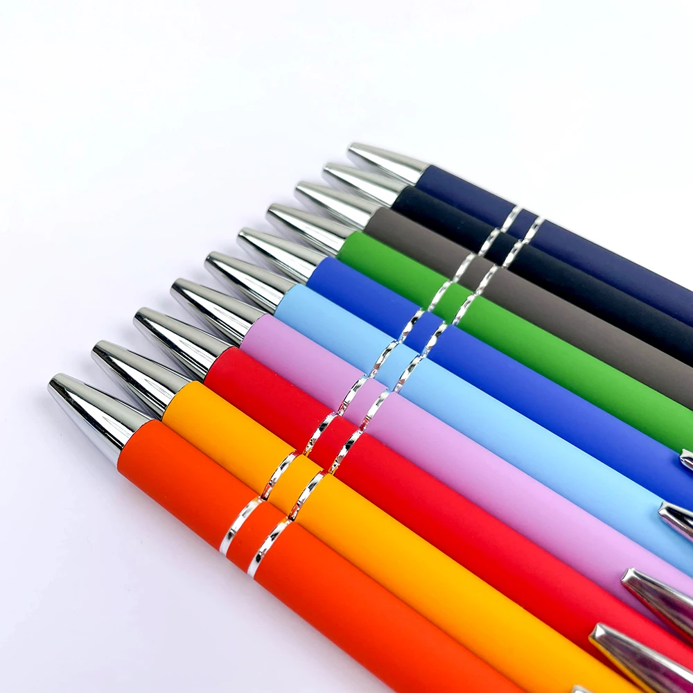 Promotional Colorful 1mm Black Ink Work Pen Soft rubberized Stylus Tip Metal Pen for Trade Shows