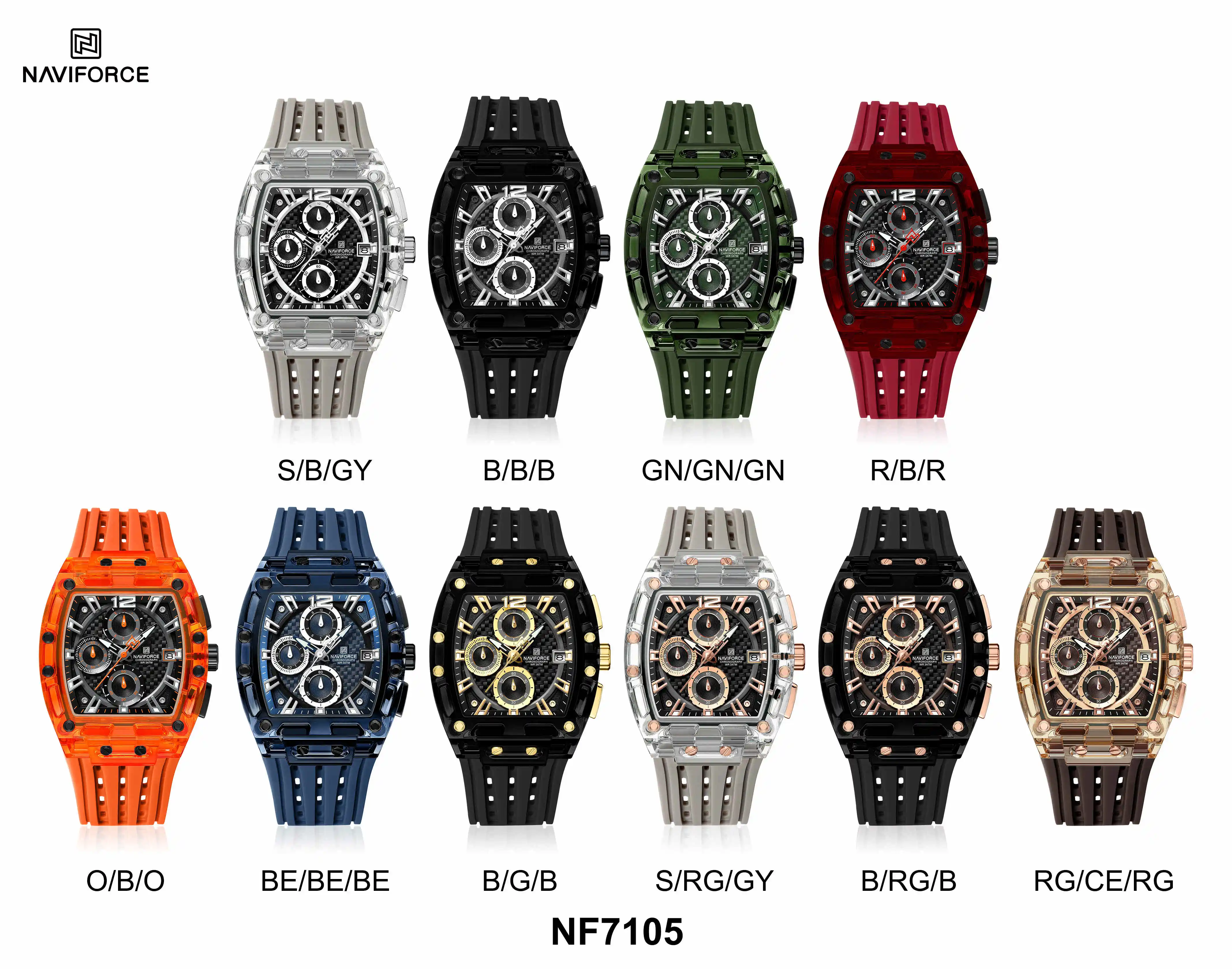 NAVIFORCE 7105新设计透明酒托手表男士石英表防水奢华运动户外蒙特霍姆