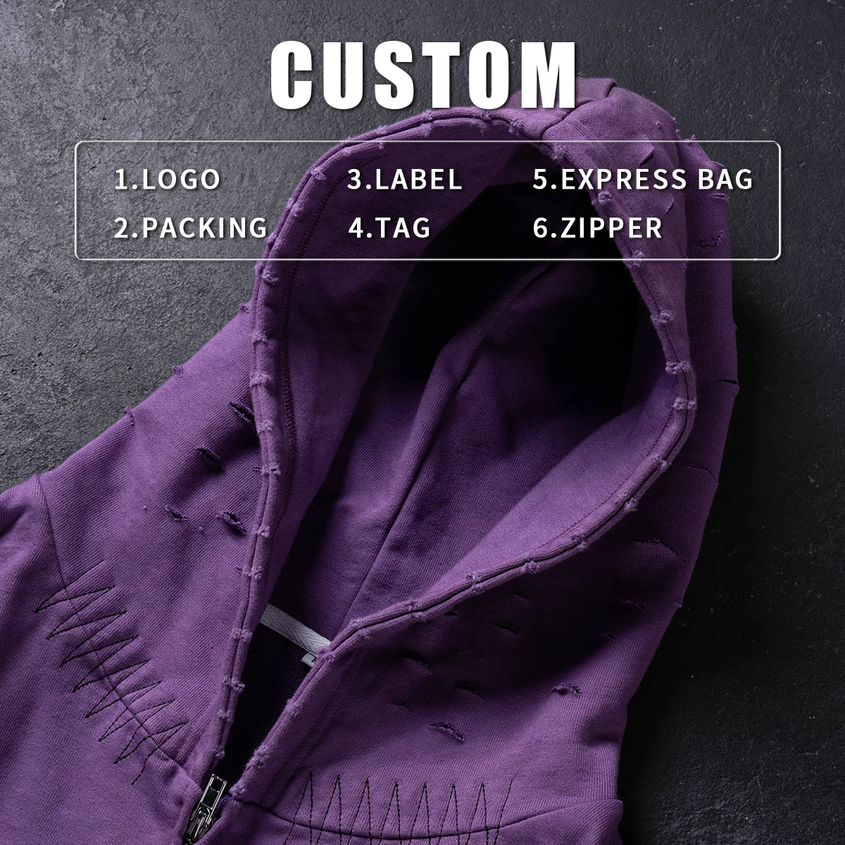 product 450gsm oversized heavyweight vintage acid wash mens zip up embroidery hoodie cotton distress design dirty wash hoodie unisex-5