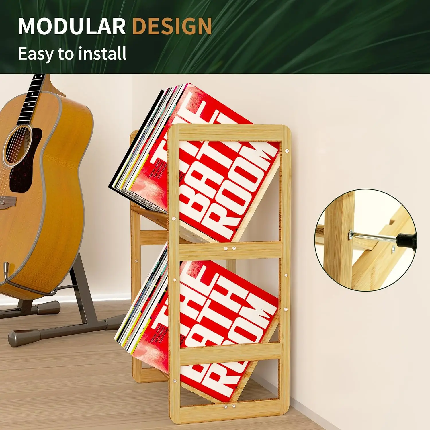 product 2 tier bamboo record stand shelf with dividers vinyl record storage holder and display rack for book bathroom organizer-3