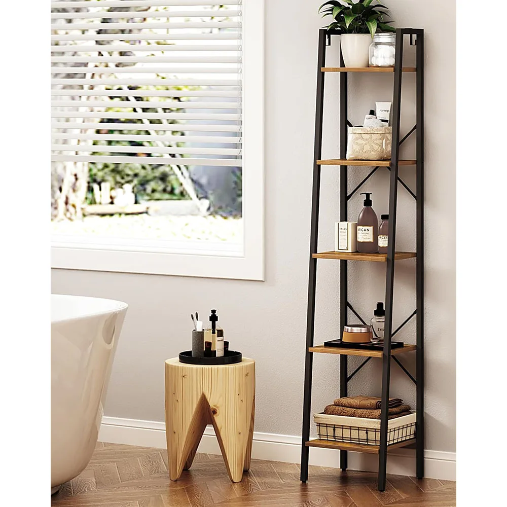 Modern 5-Tier Freestanding Corner Storage Bookshelf Industrial Design Oak Ladder Shelf with 2 Hooks factory