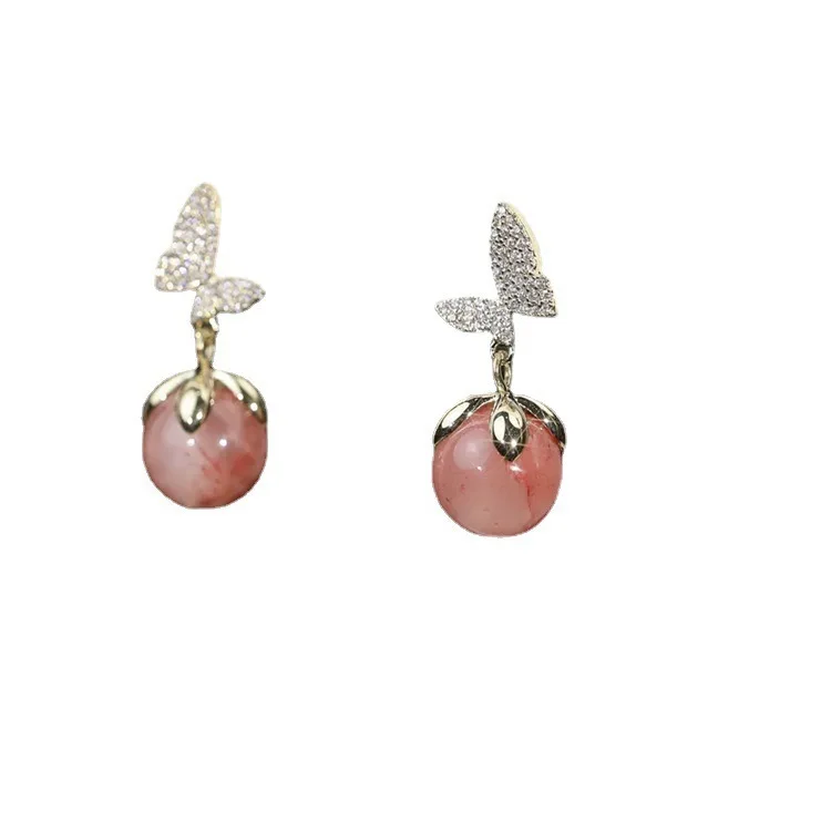 Beautiful Pink Opal Full of Diamonds Butterfly Drop Earrings New Korean Style Jewelry For Women