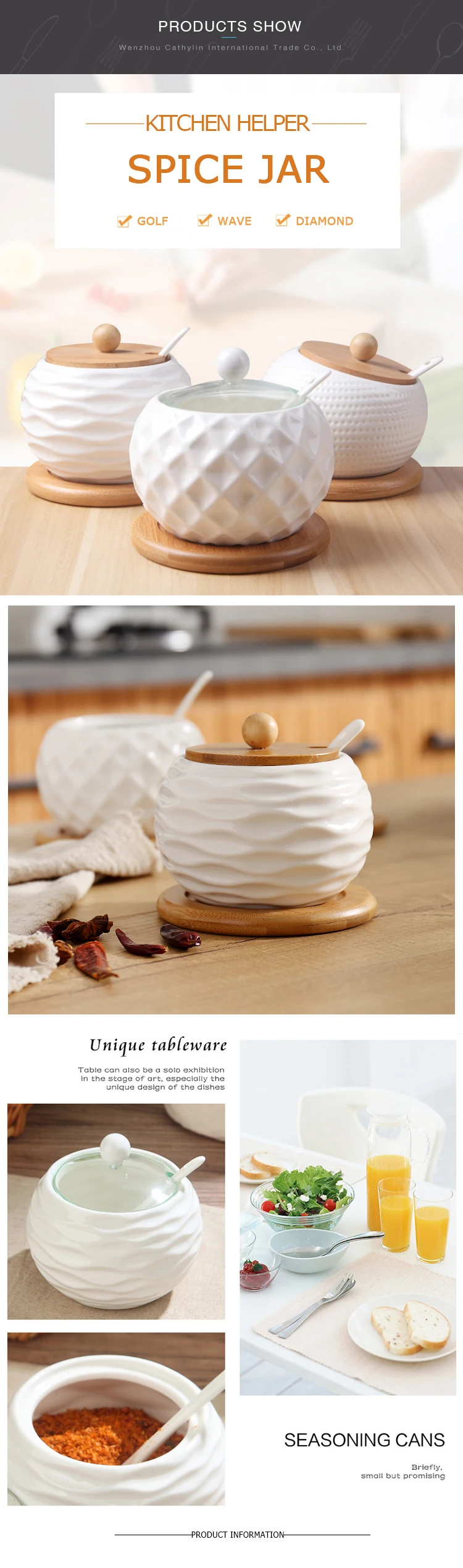 Wholesale luxury mini seasoning condiment porcelain ceramic container set spice jars with glass bamboo wood lid