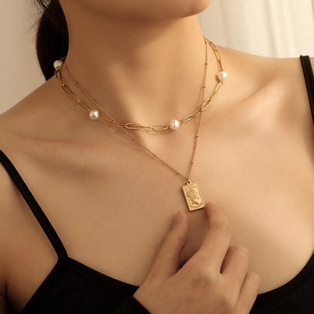 Stainless steel double-layer simple necklace pendant Pearl clavicle chain personalized luxury fashion accessories