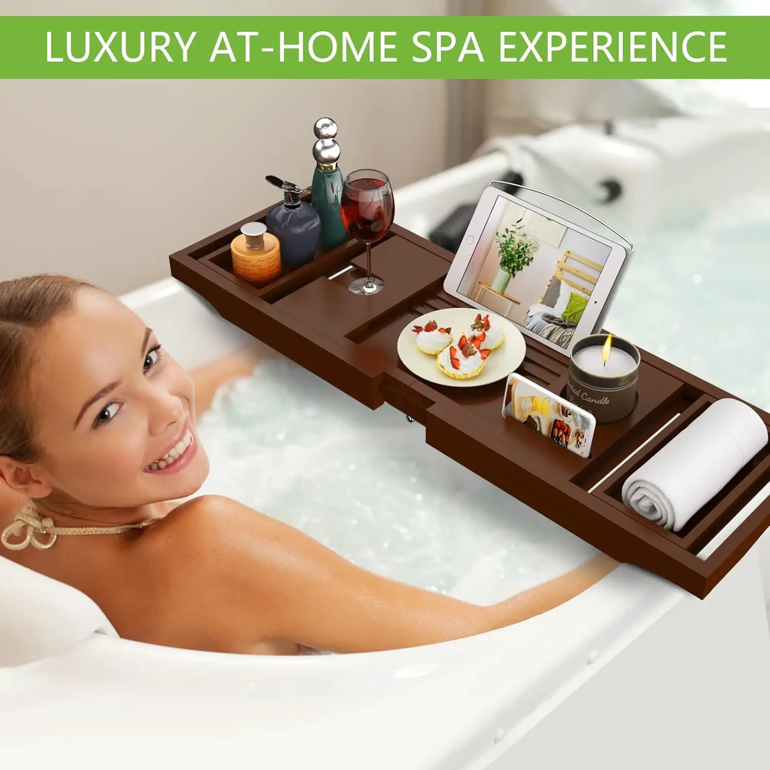 product eco friendly foldable bamboo bath table tray with book and wine glass holder bathtub caddy tray for home-2