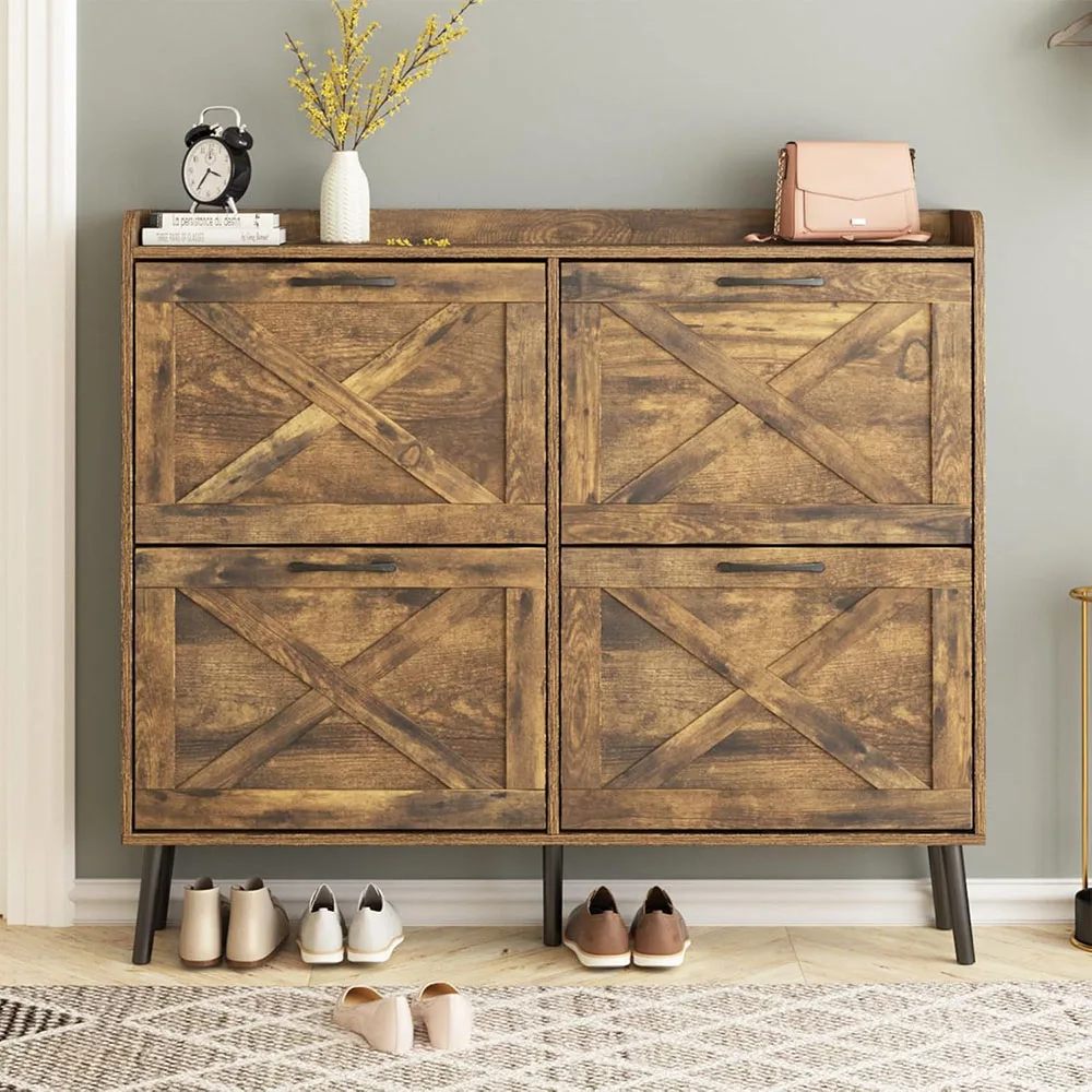 Modern 4-Drawer Freestanding Shoe Cabinet Large Wooden Narrow Shoe Rack with Metal Drawers Bracket manufacture