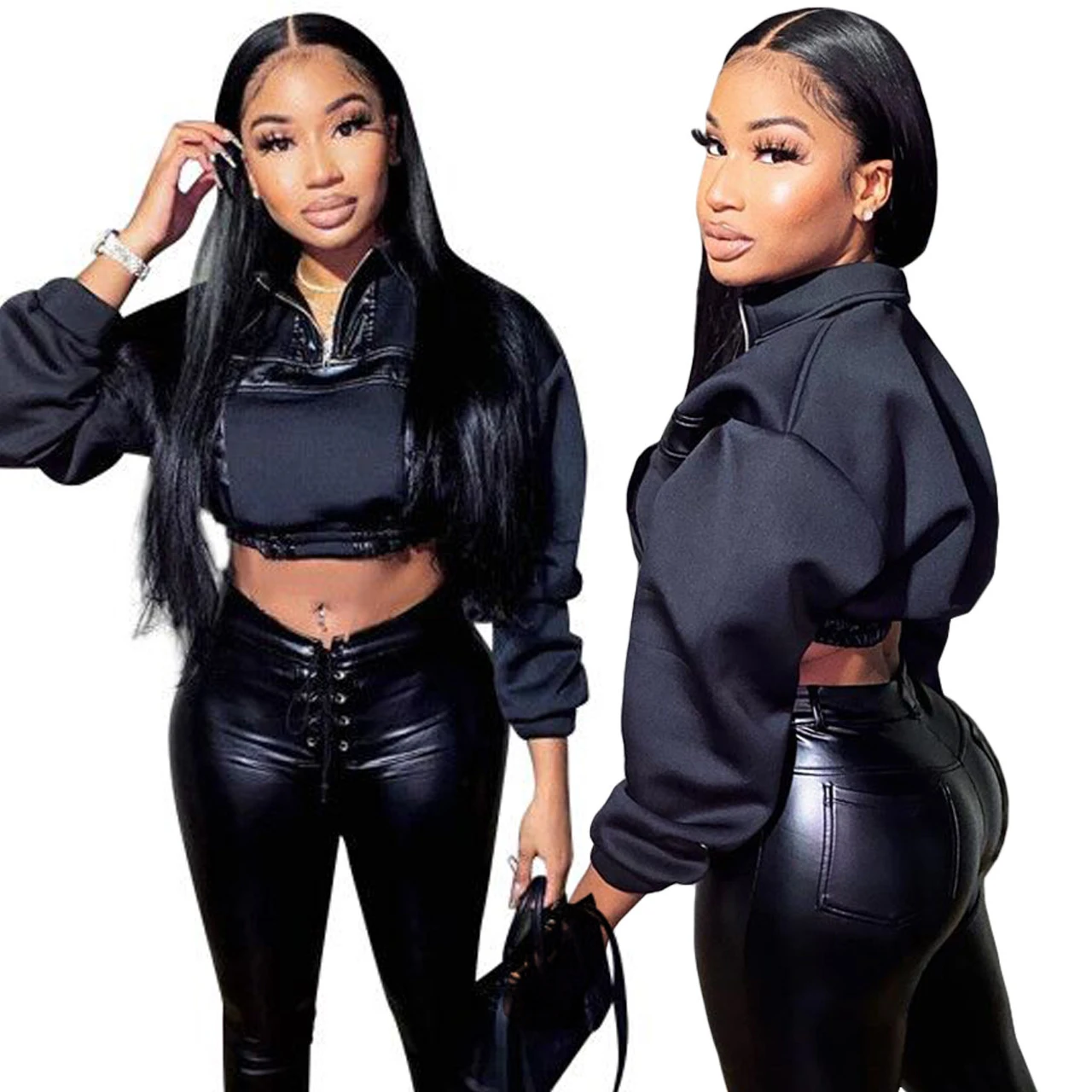 Black Pu Leather Patchwork Tops Women 