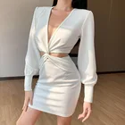 New Design Fall White Sexy Deep V Neck Knitted Midi Bodycon Dress Puff Sleeve Suit Custom Dress
