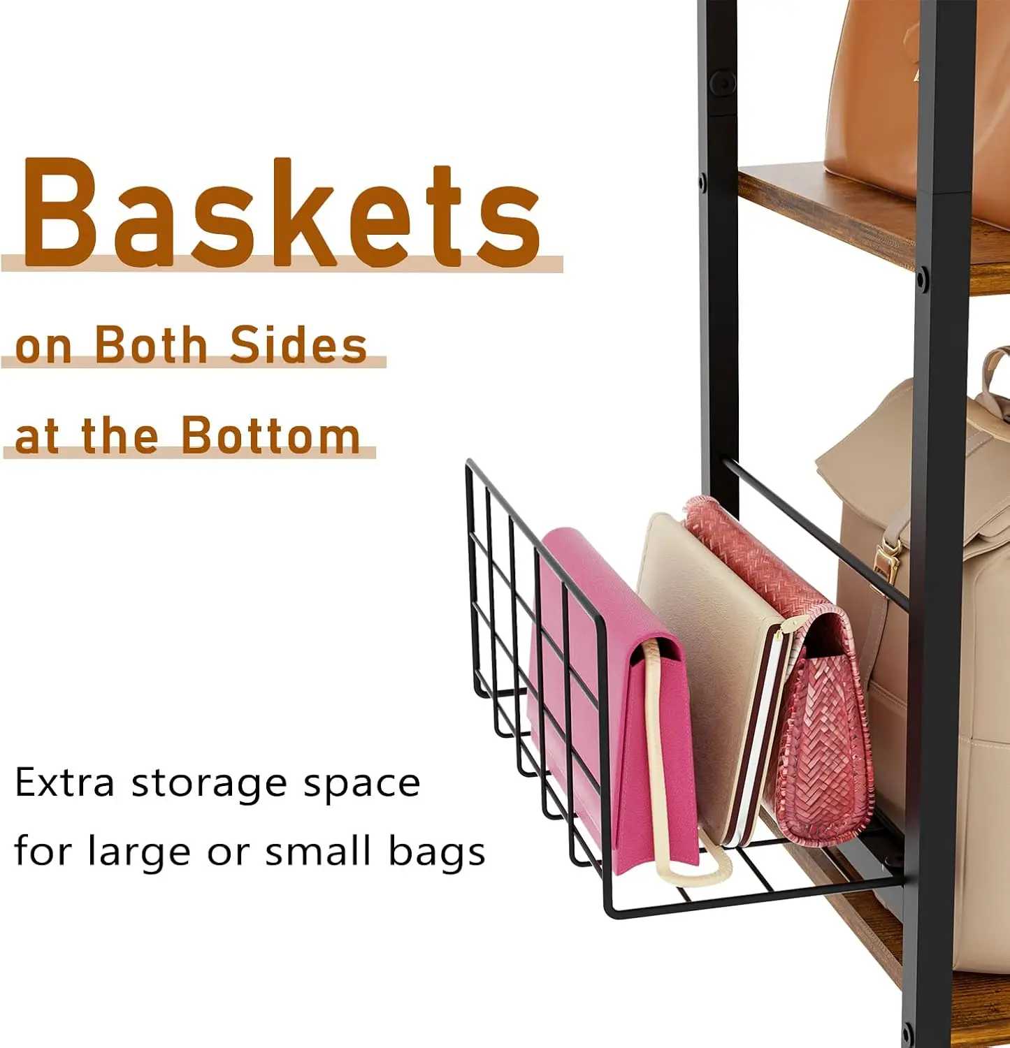 New arrival Wood 3-Tier Floor-Standing Purse Holder with Side Hooks and Baskets Purse Organizer