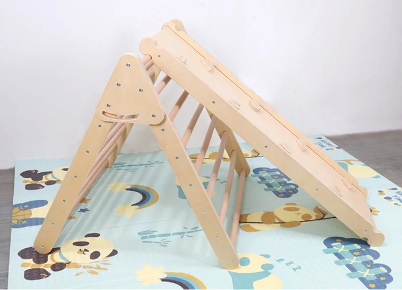 Sistem indra bayi mainan geser bingkai segitiga pendidikan awal pelatihan dalam ruangan pemasok mainan bingkai panjat lipat kayu anak-anak