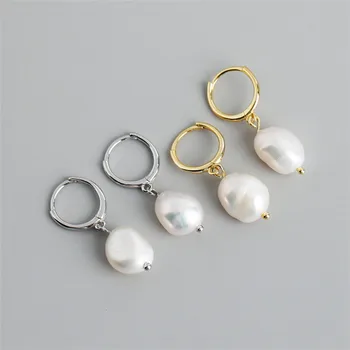Women Korean Fashion 2022 Pearl Jewelry Gold Plated Sterling Silver Freshwater Pearl Hoop Earrings