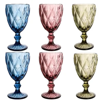 240ml/330ml Vintage Wine Glasses Colored Goblet Glass with Stem Romantic Water Glass Pressed Blue Glass Goblets for Party