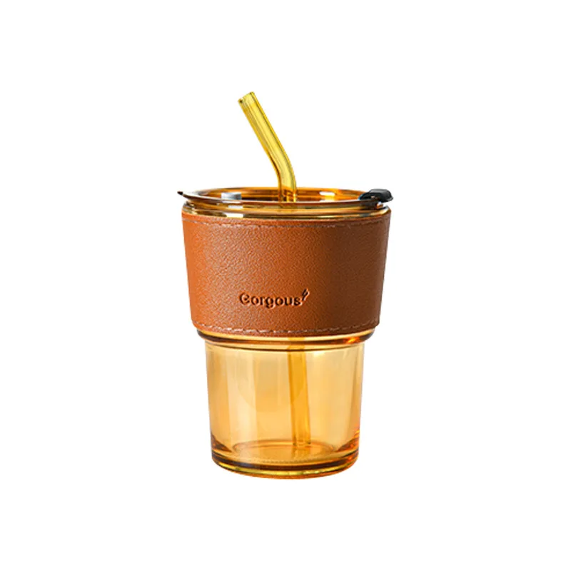 Wholesale Custom Logo Coffee Cup,Hot Sale Portable Glass Coffee Cup Reusable Large-Capacity Juice Milk Mug with Straws &Lids