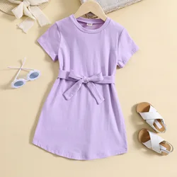 RTS 2023 summer girl's dresses candy-color cotton toddler kids short sleeve bow tie children casual dresses