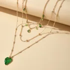 Green Necklace Elegant Green Leaf Rhinestone Pendant Jewelry Multi Layers Alloy Chain Necklace