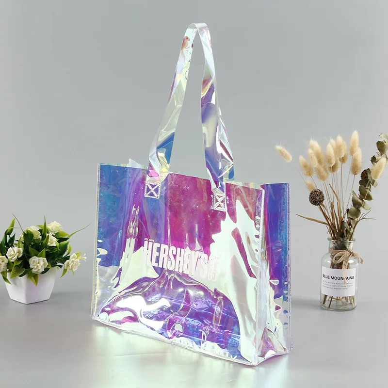 2022 fashionable custom logo laser holographic iridescent waterproof PVC shopping tote bag