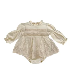 Autumn Girls Lace Long Sleeve Romper Dress Infant Waffle Bodysuit Fashion Baby Clothes