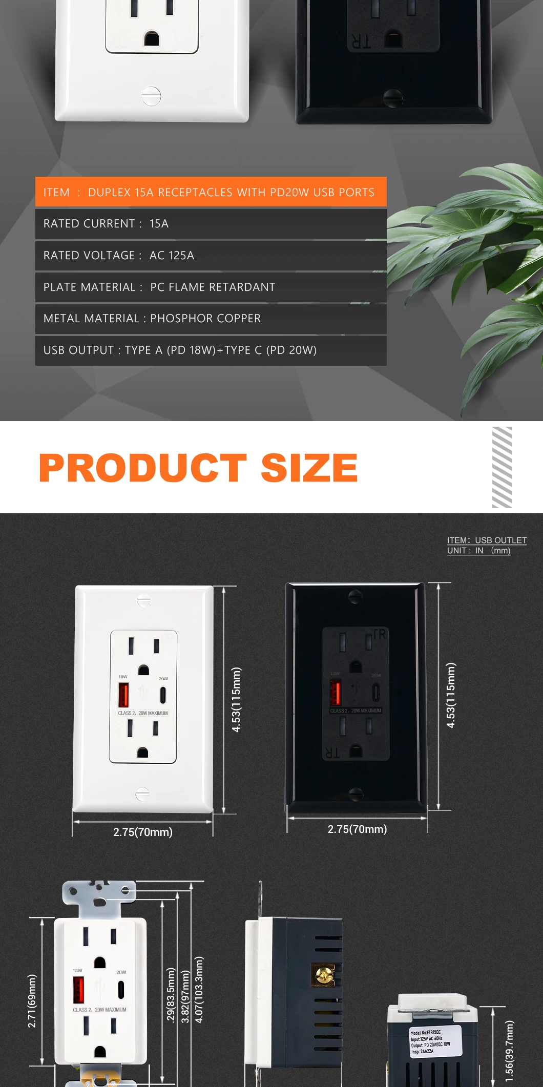 White Black Color 15a Duplex Receptacle Electric Wall Socket With Usb