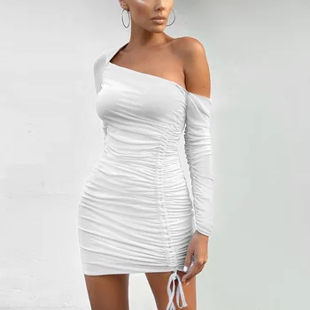 Sexy Mesh One Shoulder Ruched Robe Woman Casual Bodycon Bandage Dress Club Party Pencil Dress
