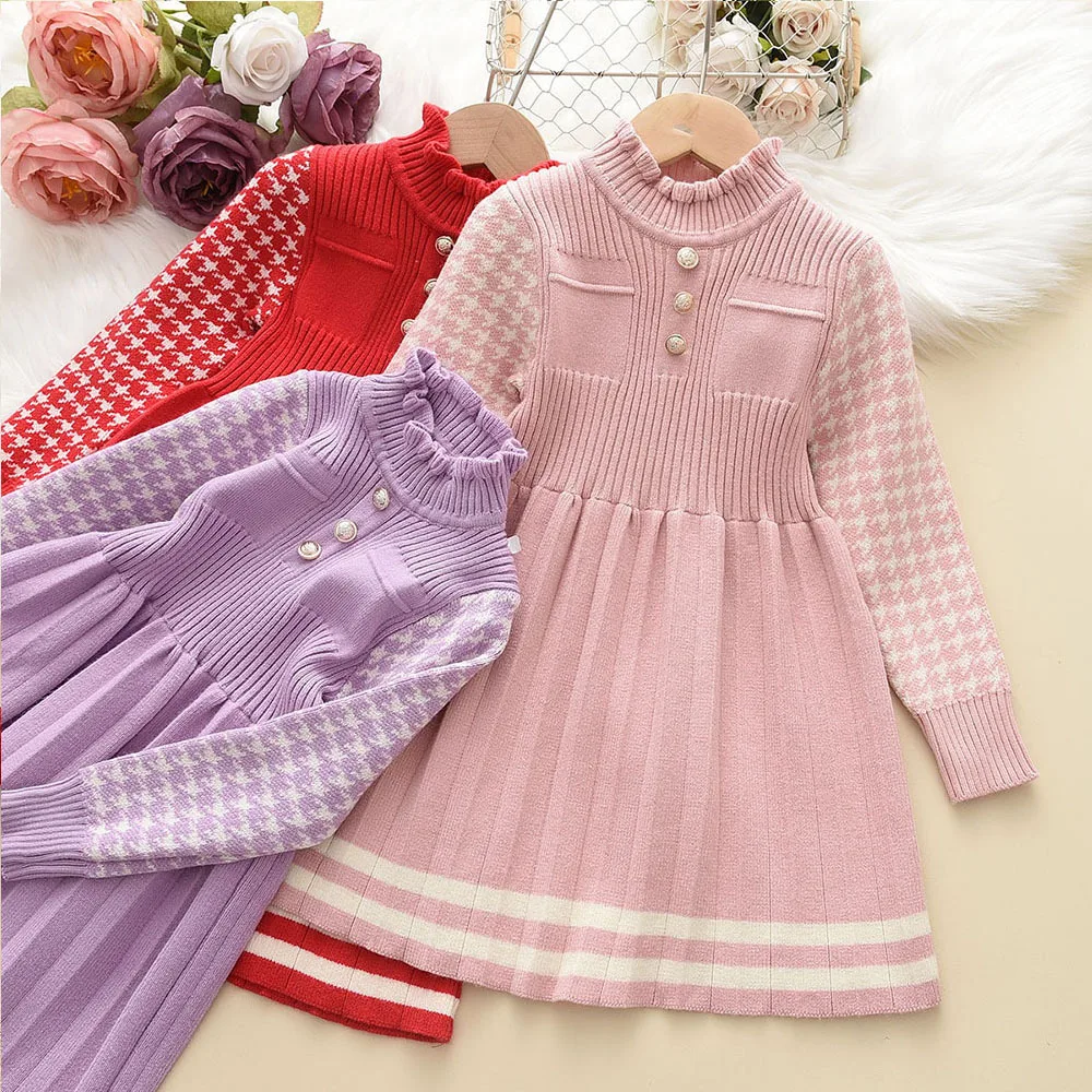 2023 Baby Girl Clothes High Collar Autumn Winter Girls' Dress Costume Kids Princess Party Sweater Knitted Dresses