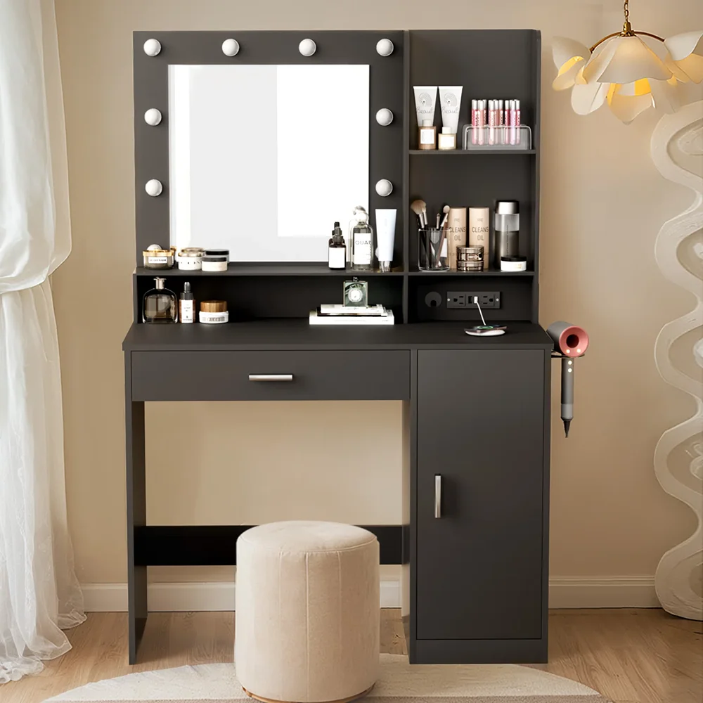 Modern Wood Dressing Table with Lighted Mirror & Power Outlet Makeup Vanity Desk with Drawer Cabinet for Bedroom supplier