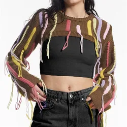 Multicolor Striped Tassels Knitted Crop Tops Women High Street O-Neck Full Sleeve Sweater