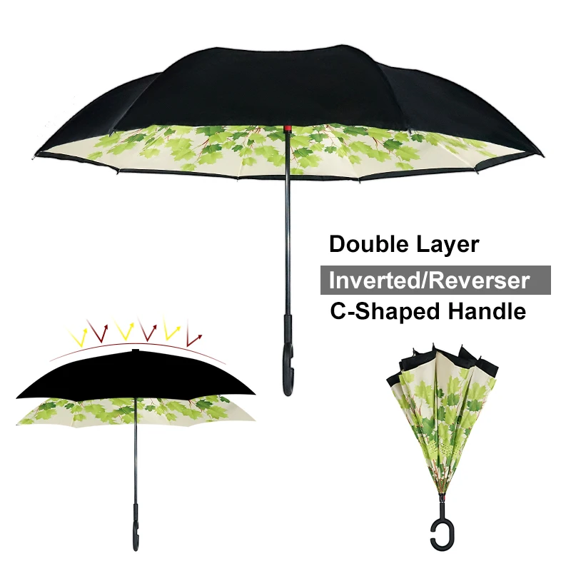 In Stock Custom Wholesale Colorful Double Layer Windproof Inside Out C Shape Handle Inverted Reverse Umbrella With Logo Prints