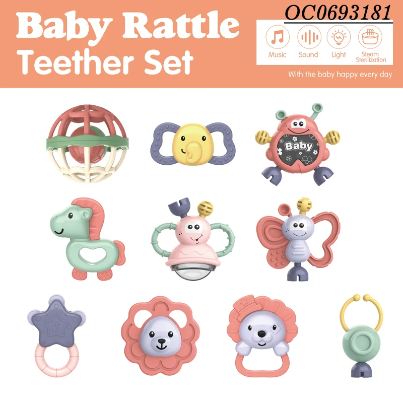 Wholesale baby teether hand silicon rattle toys gift box set for sale
