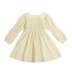Top Sales Summer Double Gauze Children Skirt Adorable Square Collar Ruffle Design 100% Cotton Kids Girls Dress