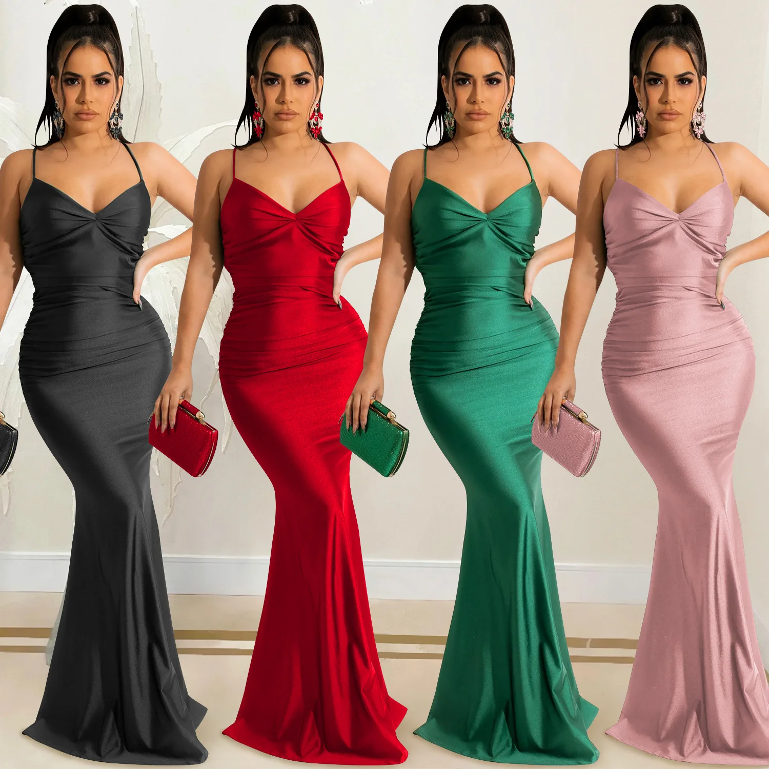 Solid color women sexy V neck halter wrap chest backless spaghetti strap bodycon long evening dresses