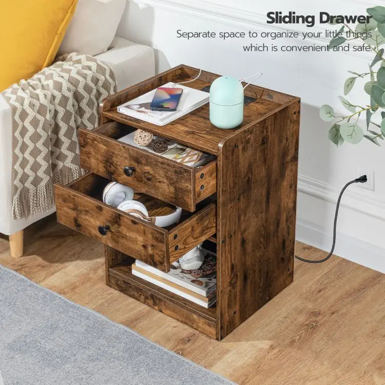 Modern Brown Wooden 1/2 Drawer Bedside Table Wooden Nightstand Bedside Table With Charging Station And Usb Ports For Bedroom