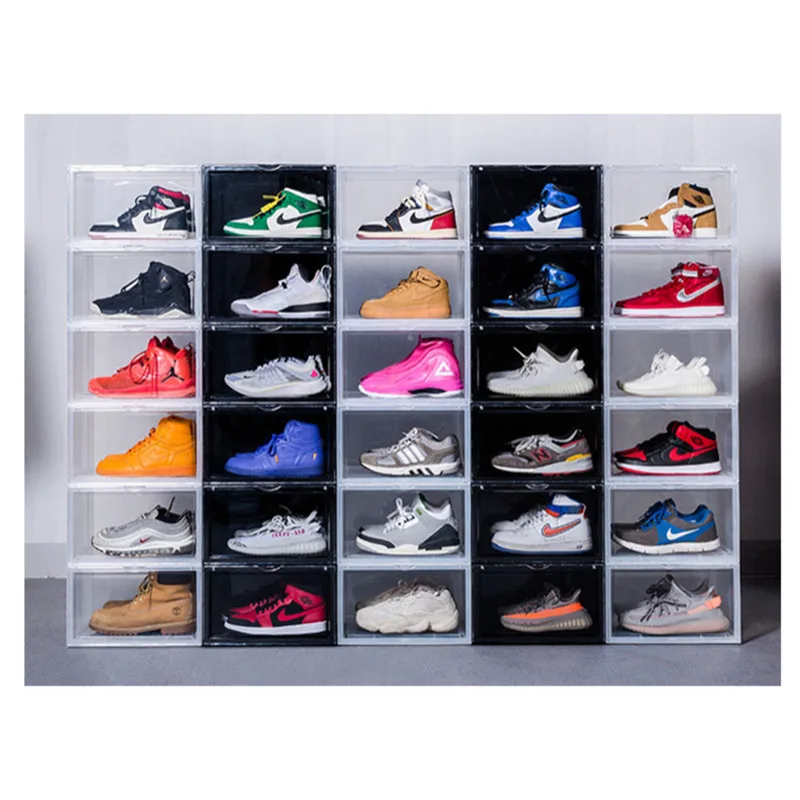 Wholesale Stackable Drop Side Magnetic Transparent Plastic Shoes Sneakers Shoe Display Crate Box Sneaker Storage