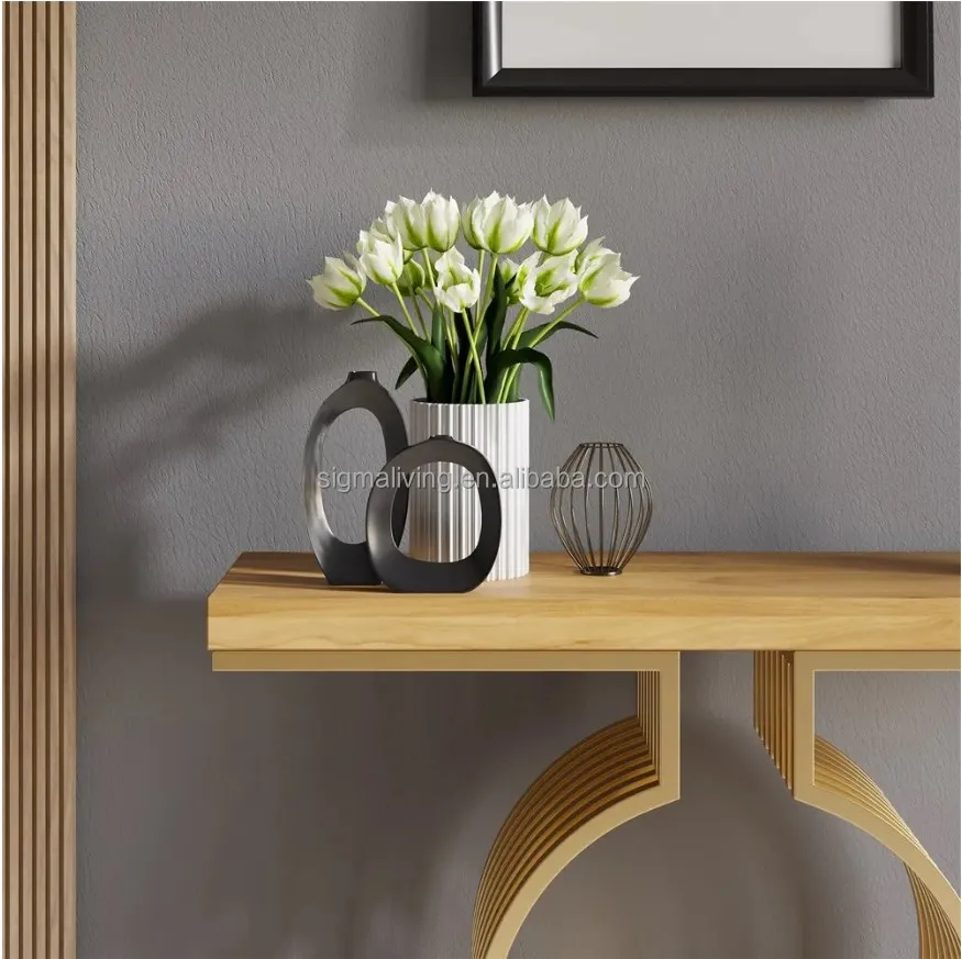 Modern narrow geometric metal base walnut entryway table console table