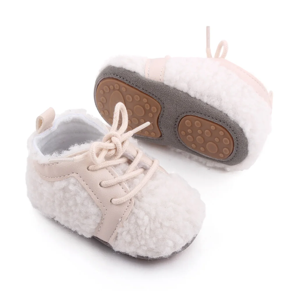 PU Leather Solid Color Plush Front Lacing Cute Warm Baby Soft Soled Toddler Cotton Shoes supplier