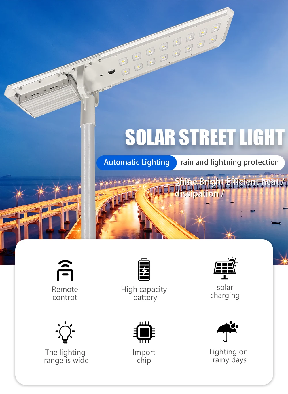 6000k Lumen Per Watt 100W IP65 Aluminum Outdoor Solar Street Lamp with High Brightness LED Lighting for Highway/ Road /garden