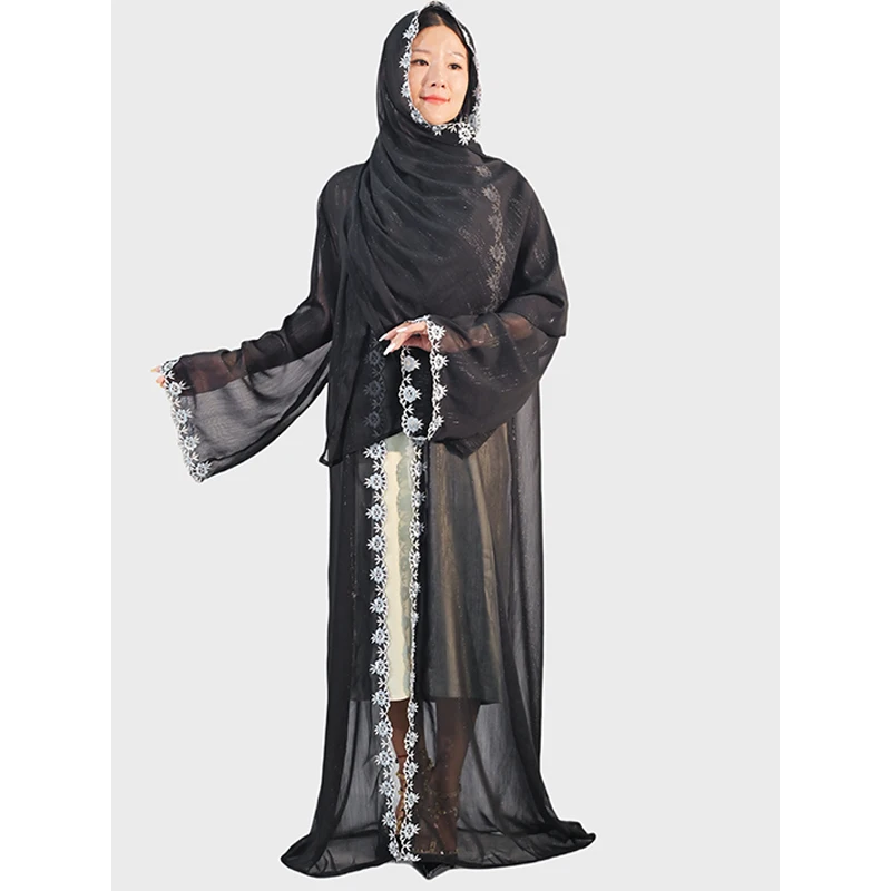 Elegant Black Abaya With Floral Bloom Embroidery Kimono Abaya Islamic Vestidos Dubai Arab Long Rob Women Muslim Abaya manufacture