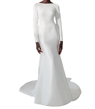 Elegant Clean Fit Flare Gown Long Sleeves Sabrina Neckline Wedding Gown For Bridal Simple Wedding Dresses