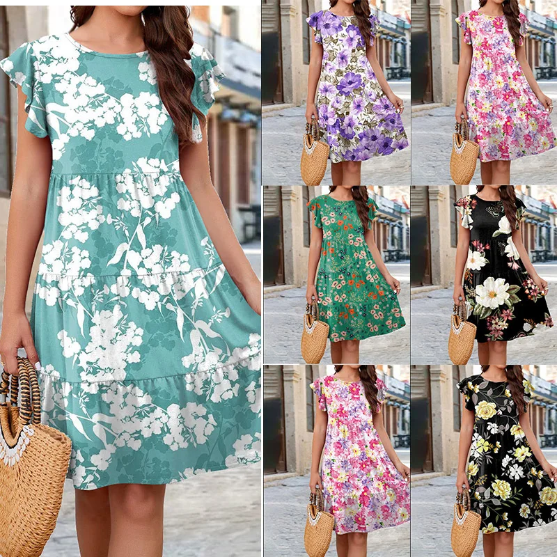 Women 2023 Summer Europe Style Dresses Fashion Ruffles Short Sleeve Floral Printed Loose Cake Flying Sleeve Lady Casual Dress